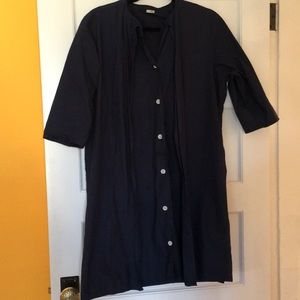 Navy tunic dress, layered “artist trench” look